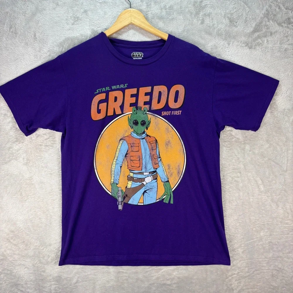 Star‎ Wars Greedo Shot First Purple Graphic T-Shirt Men's Sz L Retro Style